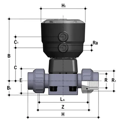 Фото Мембранный клапан DKB ХПВХ с пневмоприводом НЗ, PN6 с втулочными окончаниями R1/2" (DN15)