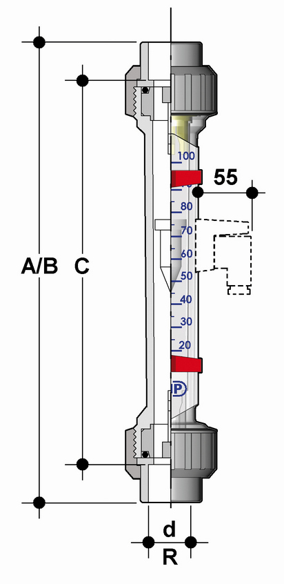 Фото FC ротаметр для воды;  корпус: трогамид; поплавок с магнитом d32