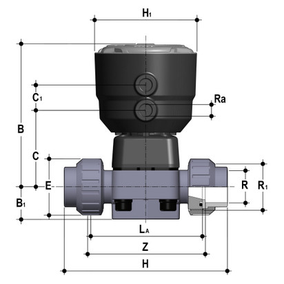 Фото Мембранный клапан DK с пневмоприводом НЗ, PN6 с муфтовыми окончаниями (уплотнение EPDM/мембрана EPDM) PP-H d25 (DN20)